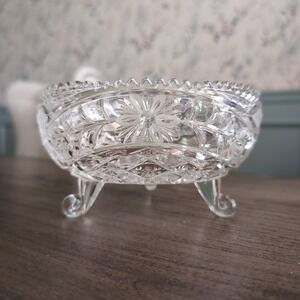 Vintage Anna Hutte Lead Crystal 3 Footed Dish Candy Pinwheel Starburst Germany